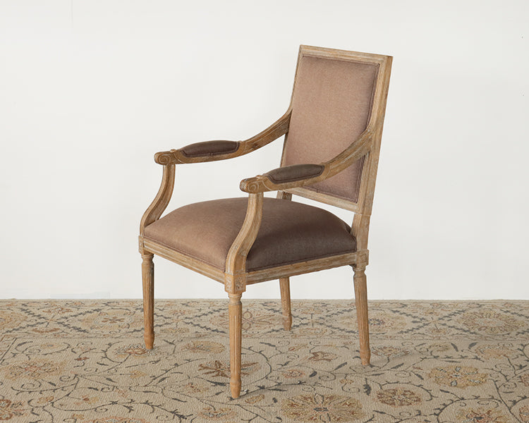 Limed Gray Louis Arm Chair with Aubergine Linen Upholstery