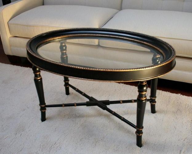 Black Lacquer and Gold Gilt Oval Coffee Table with Glass Top 7