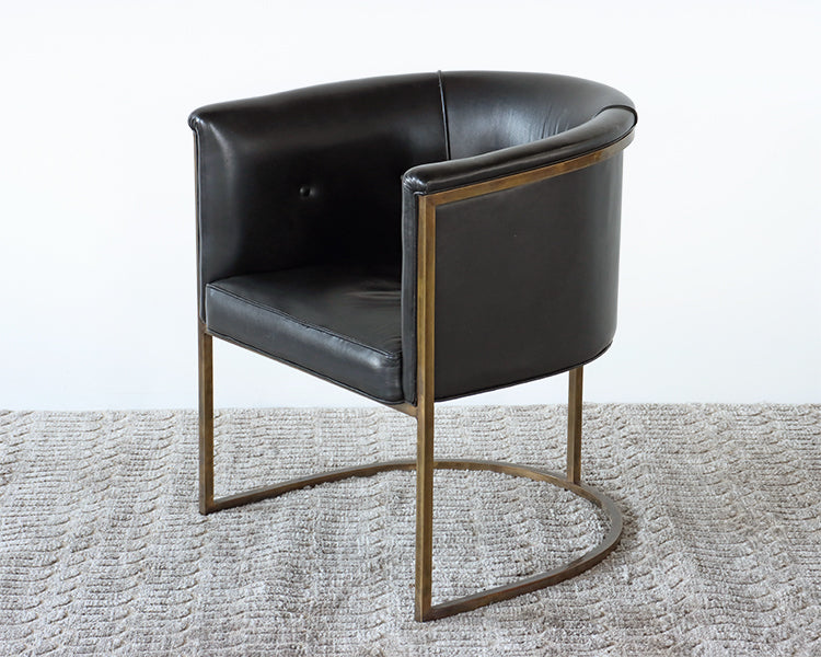 Antique Brass Chair with Black Leather Upholstery