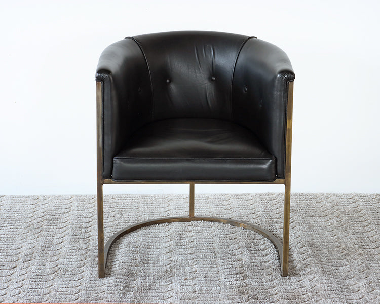 Antique Brass Chair with Black Leather Upholstery