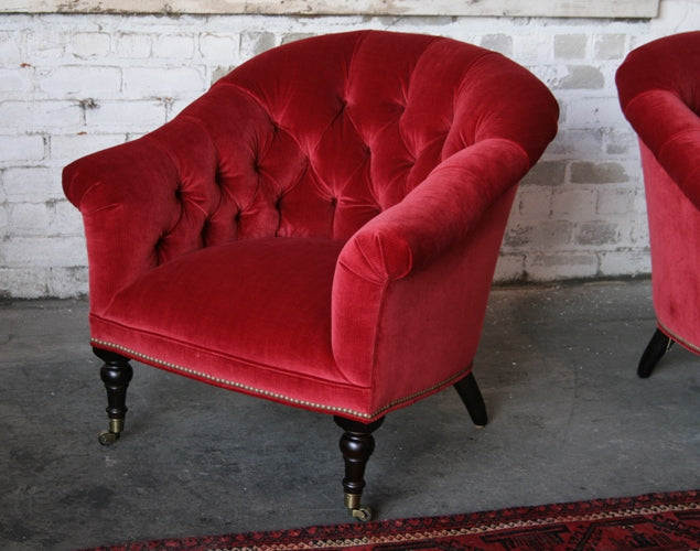 Ruby Red Tufted Velvet Club Chair with Brass Nailhead 9