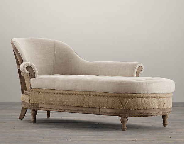 Deconstructed French Victorian Right Arm Chaise in Sand Belgian Linen 1