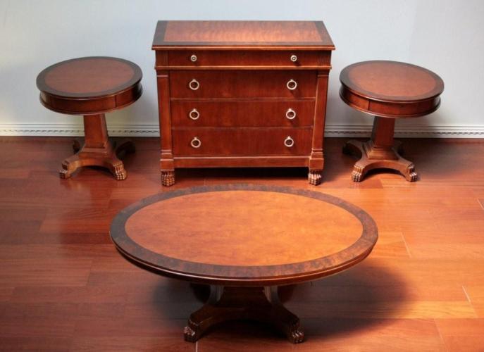 Cherry and Walnut Burl Set with Coffee table Drum End Table Hall Chest 4 7
