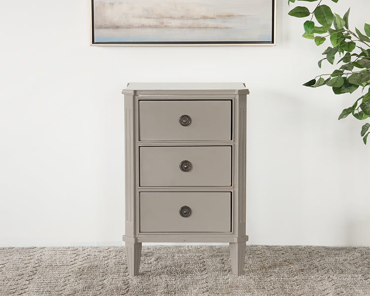 Chelsea Textiles Gustavian Bedside Table with Three Drawers in Ash Gray Lacquer