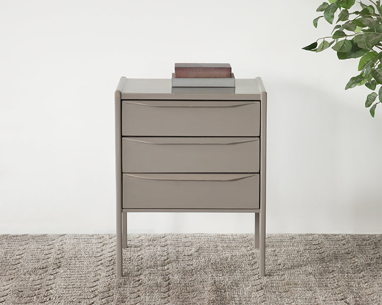 Chelsea Textiles Mid-Century Bedside Table with Three Drawers in Ash Gray Lacquer