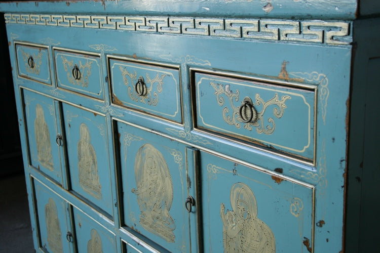 Nile Blue Painted Tibet Cabinet with Antique Gold Figures detail 7