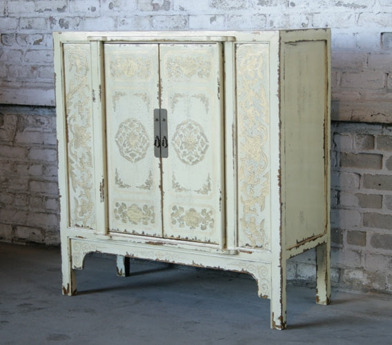 Aged Light Yellow Tibetan Cabinet with Antique Gold Details 7