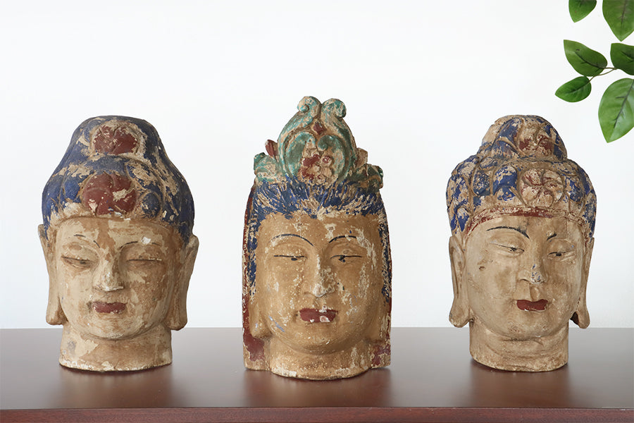 Set of 3 Assorted Wood Buddha Heads
