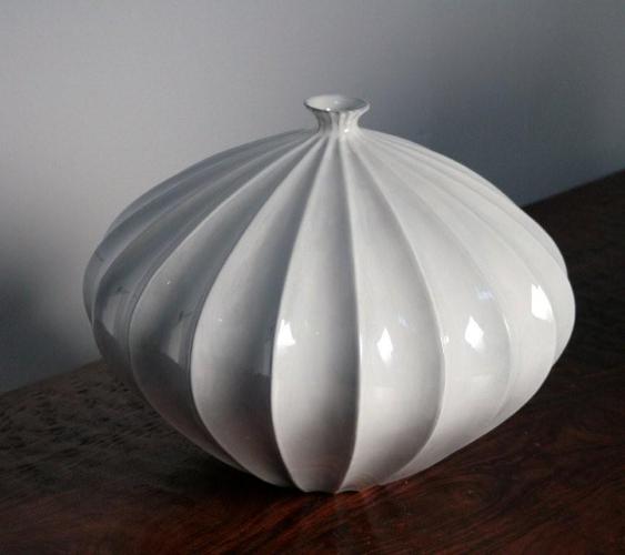 Large Ribbed White Vase 8