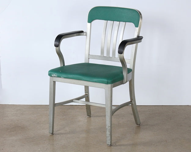 Slatback Metal Armchair with Green Vinyl Seat & Back