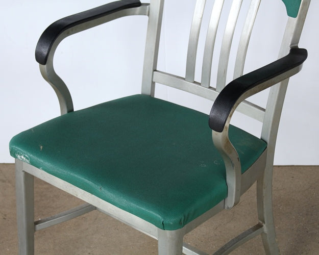 Slatback Metal Armchair with Green Vinyl Seat & Back
