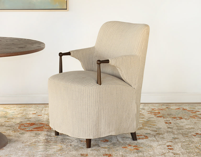Sand and Navy Flax Linen Arm Chair with Skirt