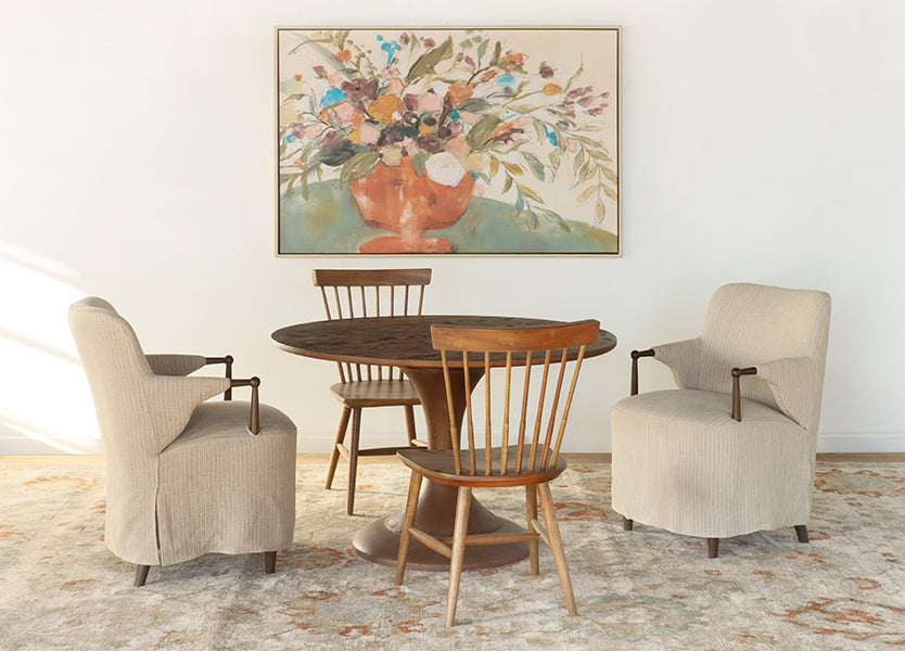 Sand and Navy Flax Linen Arm Chair with Skirt