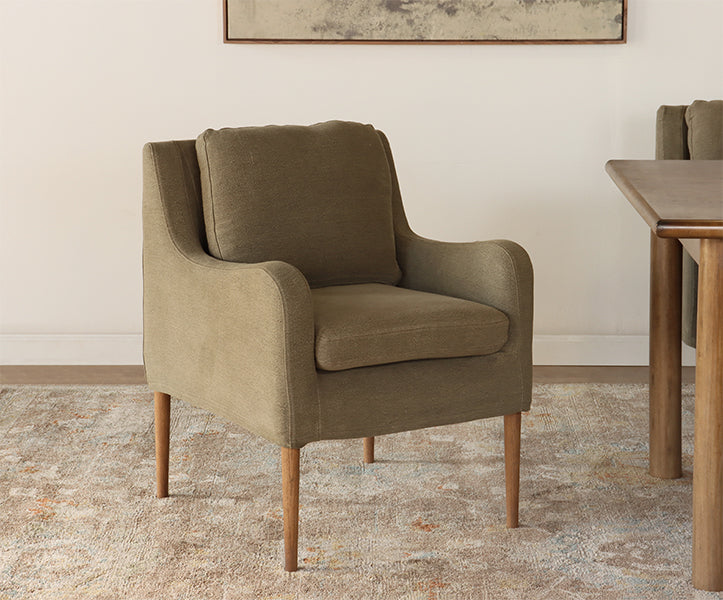 Olive Linen Track Arm Chair with Tapered Legs