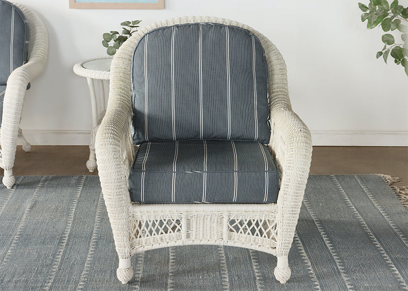 White Wicker Arm Chair with Blue and White Cushion