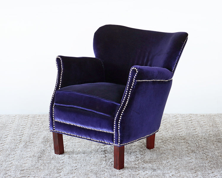Royal Blue Velvet Small Arm Chair with Nickel Nailhead Trim
