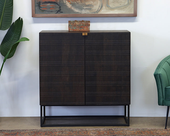 Carved Mango Wood Bar Cabinet in Vintage Brown