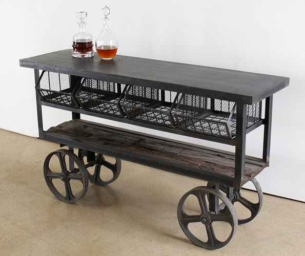 Steel Industrial Bar Cart with Cast Iron Wheels