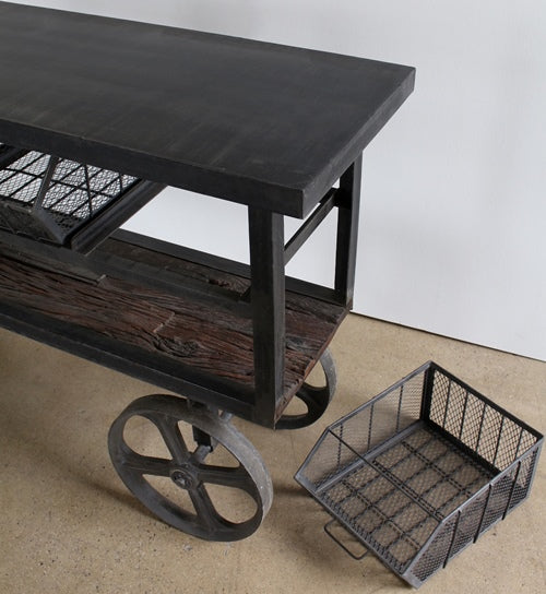 Steel Industrial Bar Cart with Cast Iron Wheels