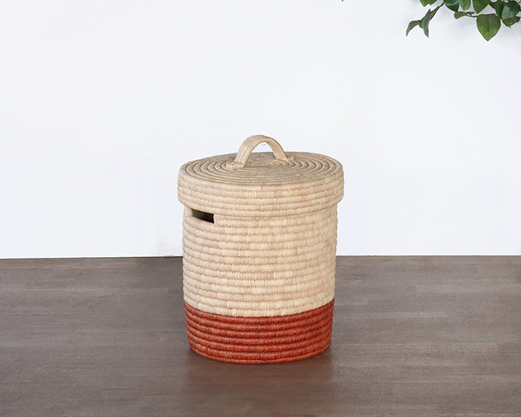 Natural And Black Hand Coiled Basket With Lid