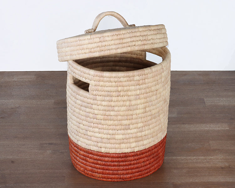 Natural And Black Hand Coiled Basket With Lid
