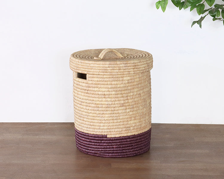 Natural And Black Hand Coiled Basket With Lid