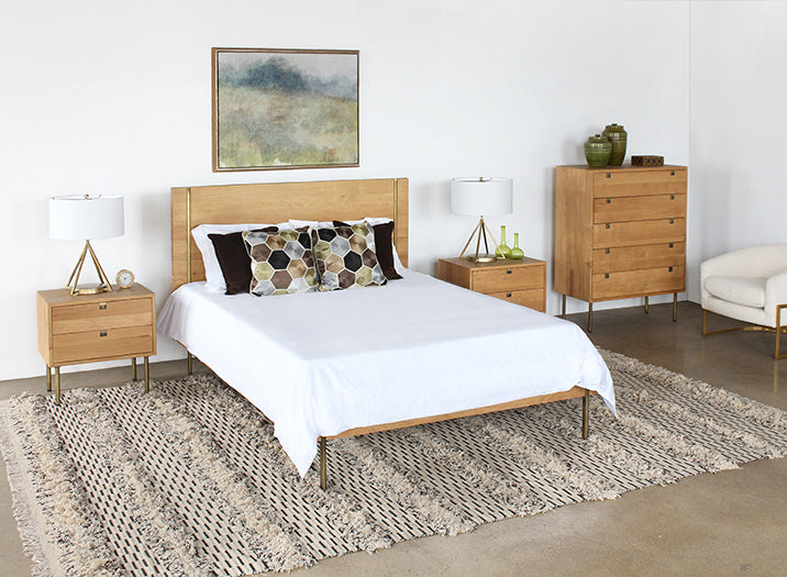 Danish Modern Natural Oak Queen Bed With Brass Legs