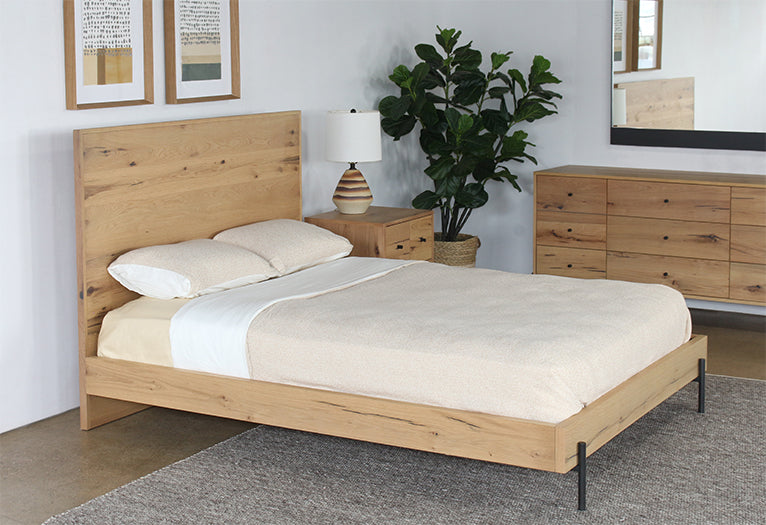 Light Oak Queen Plank Bed With Gunmetal Front Legs