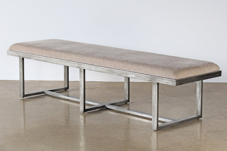 Distressed Grey Metal Upholstered Bench