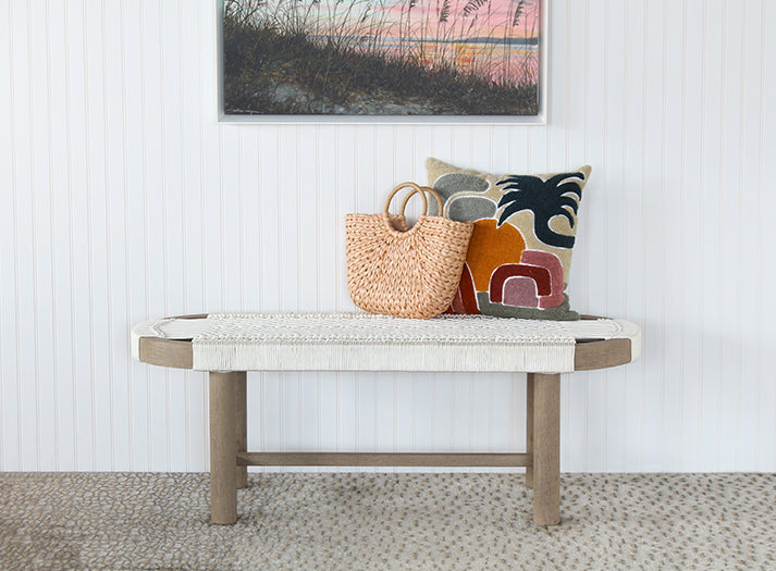 Washed Brown Teak & Rope Bench