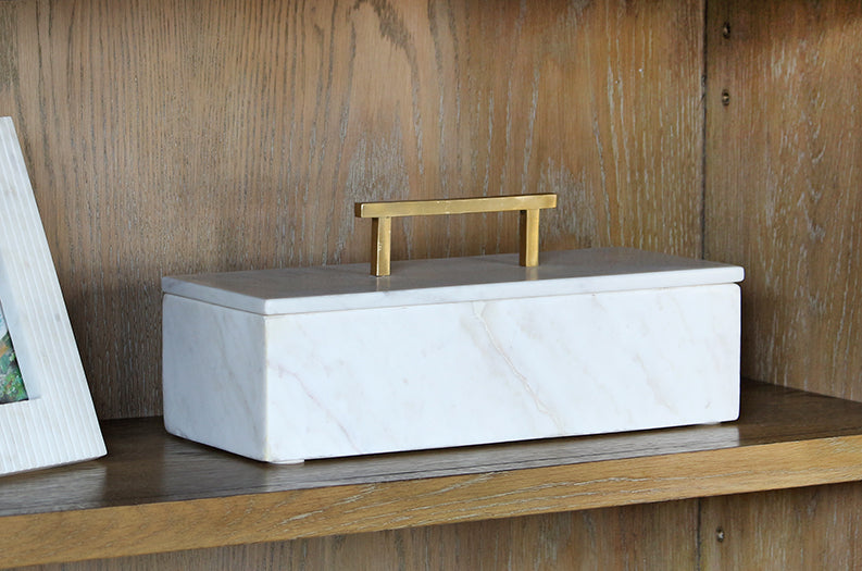 BOX39 - White Marble Box And Lid With Metal Handle