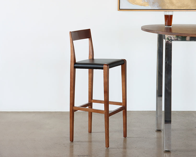 Walnut and Black Leather Bar Stool
