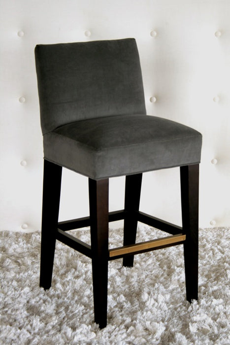 Gray Velvet Bar Stool with Brass Footrail