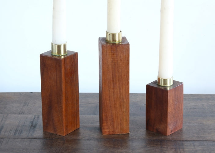 Set of 3 Danish Modern Wood Block Candle Holders