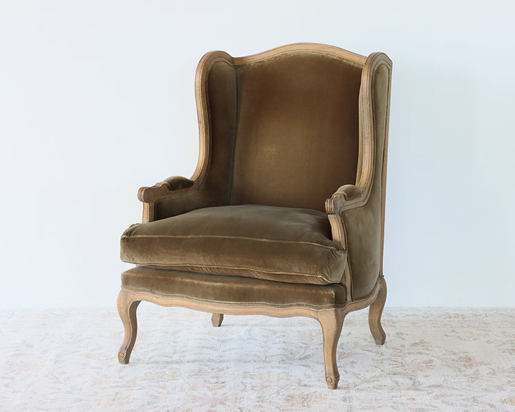 Olive Velvet Wing Chair with Weathered Wood Frame