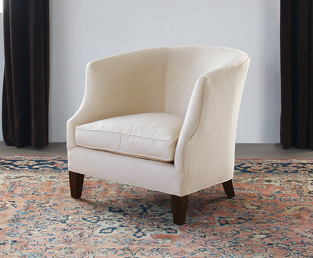 Barrel Back Club Chair in Linato Cream with Black Walnut Legs