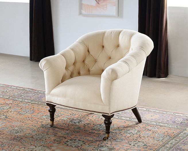Tufted Club Chair in Linato Cream with Brass Nailhead Trim