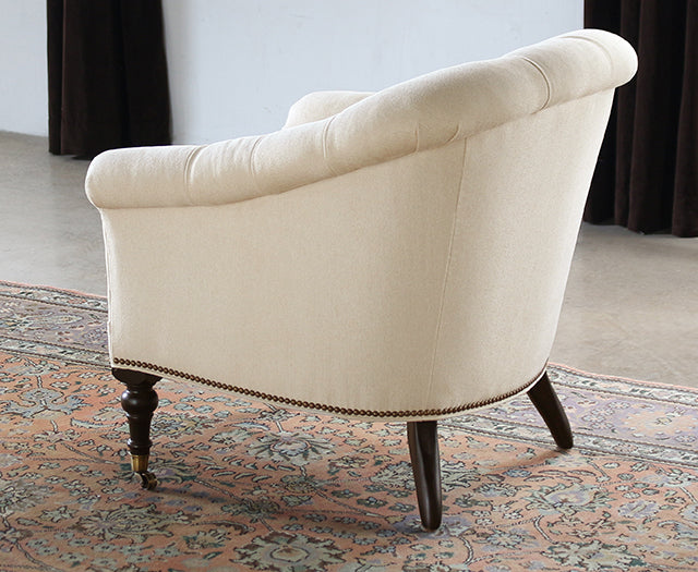 Tufted Club Chair in Linato Cream with Brass Nailhead Trim