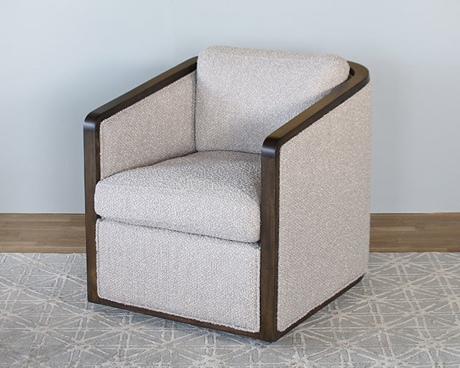 Off White Boucle Swivel Chair With Dark Oak Arms