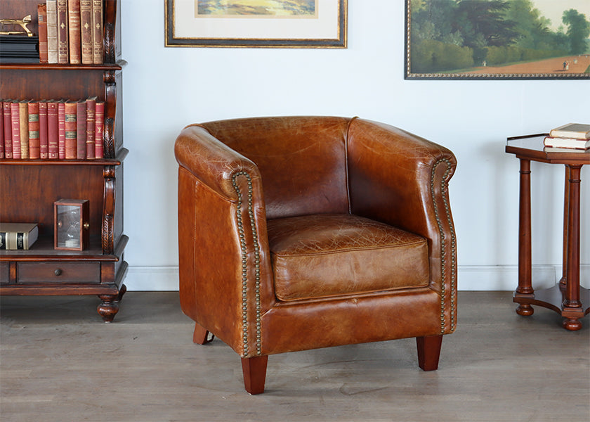 Distressed Brown Leather Deco Style Club Chair