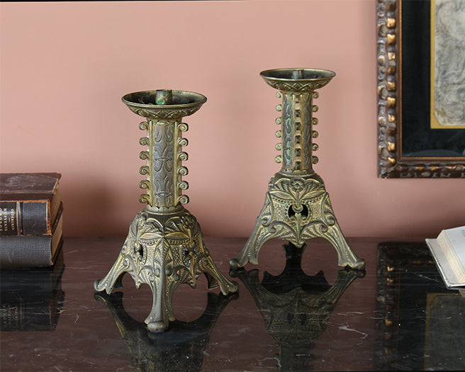 Pair Of Brass Gothic Revival Candlesticks--Cleared