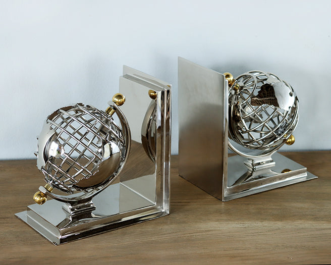 Chrome And Brass Globe Bookends Set Of 2 - Cleared