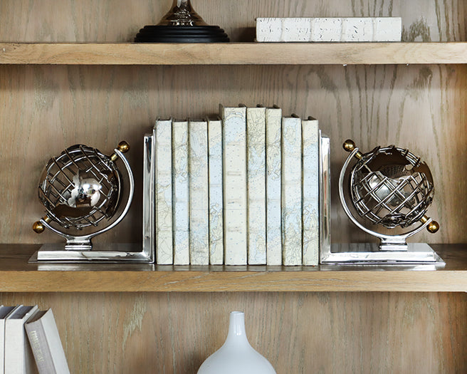Chrome And Brass Globe Bookends Set Of 2 - Cleared