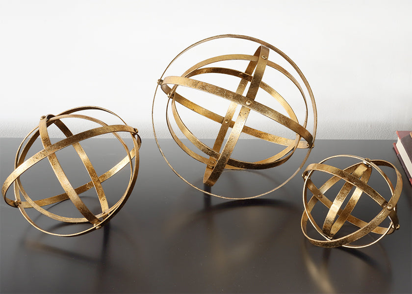 Set of 3 Antiqued Gold Banded Spheres - Cleared