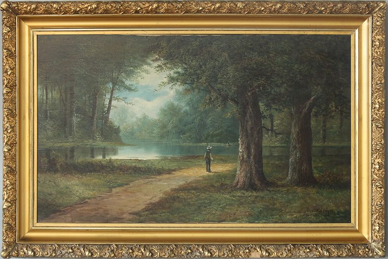 Fisherman On Path, 19th Century Landscape 60W x 41H