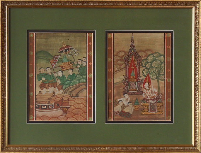 Two Antique Thai Paintings In Gold Frame, 19th Century 25W x 18.5H