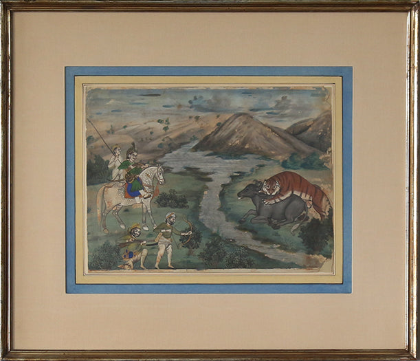 Mughal School Tiger Hunt Gouache Painting, 18th/19th Century 20W x 17H