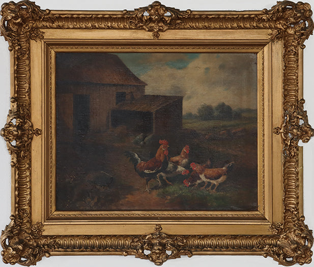 Rooster and Hen Landscape, Oil on Panel, 19th Century 29W x 25H