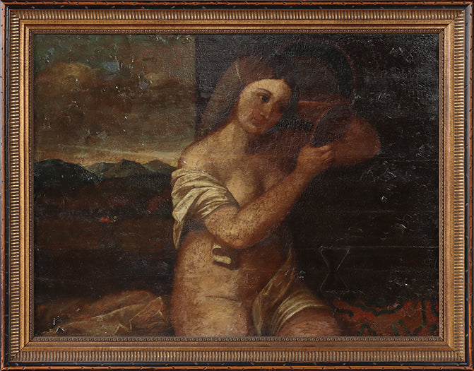 Old Master Oil Painting of Woman and Mirror 37.5W x 29.5H