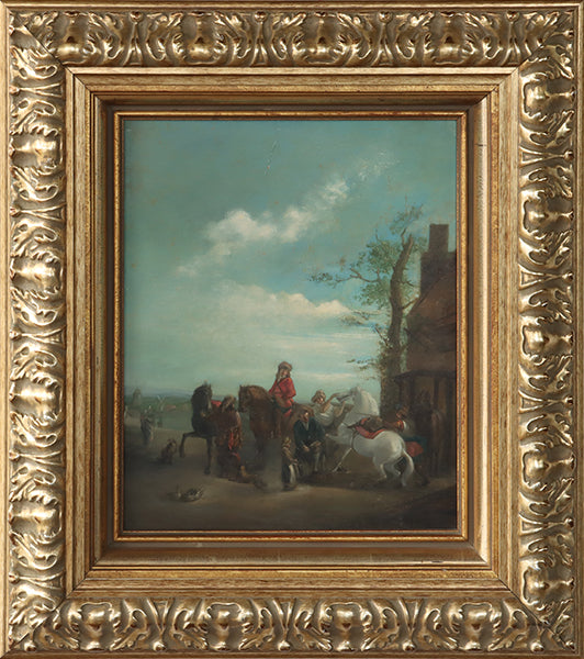 Dutch School, Oil on Board Hunt Scene, 18th Century 24W x 27H